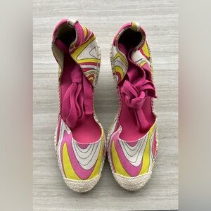 Nine West Ankle Wrap Y2K Groovy Retro Swirl Espadrille Wedge Shoes Size 8.5